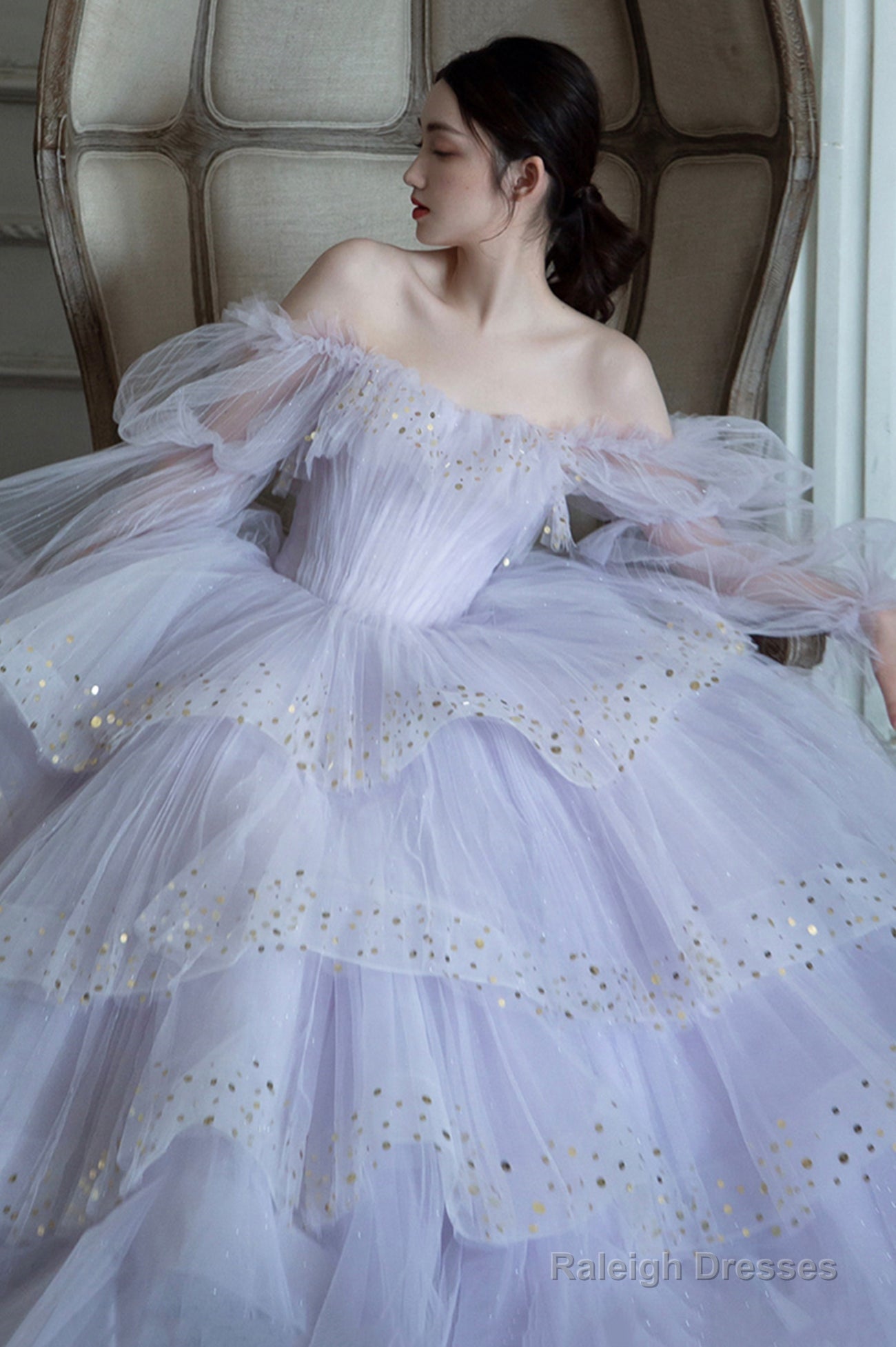 Purple Tulle Layers Long A-Line Prom Dress, Off The Shoulder Evening Gown