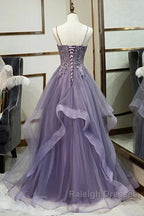 Purple Tulle Layers Long Formal Gown Lace Applique Party Dress A Line Floor Length Prom Dress