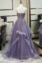 Purple Tulle Layers Long Prom Gown Lace Applique Prom Dresses A-Line Floor Length Prom Dresses