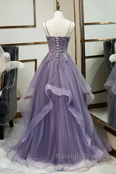 Purple Tulle Layers Long Prom Gown Lace Applique Prom Dresses A-Line Floor Length Prom Dresses