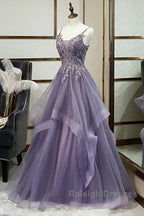 Purple Tulle Layers Long Prom Gown Lace Applique Prom Dresses A-Line Floor Length Prom Dresses