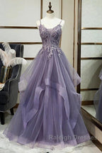 Purple Tulle Layers Long Prom Gown Lace Applique Prom Dresses A-Line Floor Length Prom Dresses