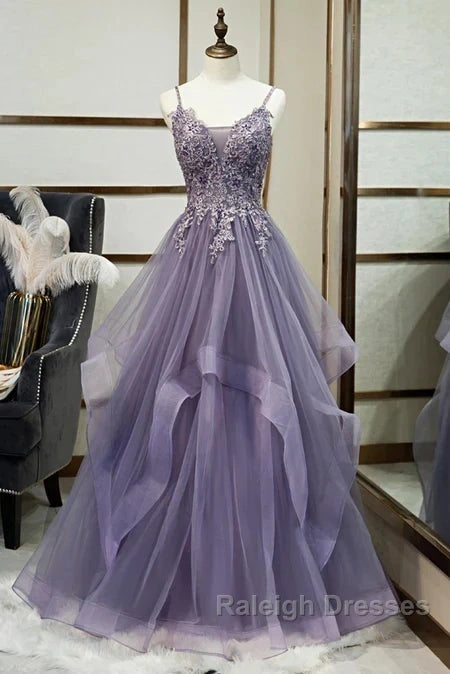 Purple Tulle Layers Long Prom Gown Lace Applique Prom Dresses A-Line Floor Length Prom Dresses