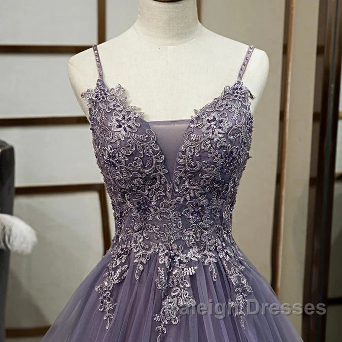 Purple Tulle Layers Long Formal Gown Lace Applique Party Dress A Line Floor Length Prom Dress