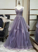 Purple Tulle Layers Long Prom Gown Lace Applique Prom Dresses A-Line Floor Length Prom Dresses
