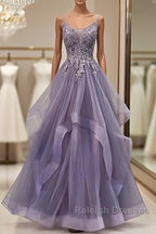 Purple Tulle Layers Long Prom Gown Lace Applique Prom Dresses A-Line Floor Length Prom Dresses