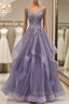 Purple Tulle Layers Long Prom Gown Lace Applique Prom Dresses A-Line Floor Length Prom Dresses