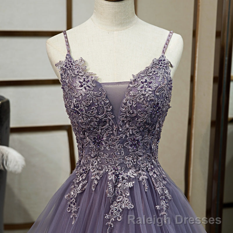 Purple Tulle Layers Long Formal Gowns, Lace Applique Top Prom Dress Secondary image