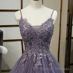 Purple Tulle Layers Long Formal Gowns, Lace Applique Top Prom Dress