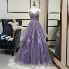 Purple Tulle Layers Long Formal Gowns, Lace Applique Top Prom Dress