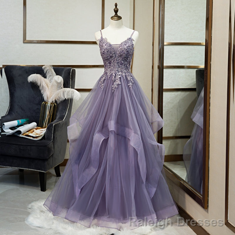 Purple Tulle Layers Long Formal Gowns, Lace Applique Top Prom Dress