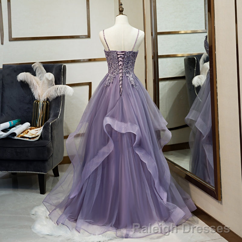 Purple Tulle Layers Long Formal Gowns, Lace Applique Top Prom Dress