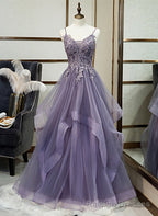 Purple Tulle Layers Long Formal Gowns, Lace Applique Top Prom Dress