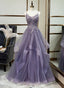 Purple Tulle Layers Long Formal Gowns, Lace Applique Top Prom Dress