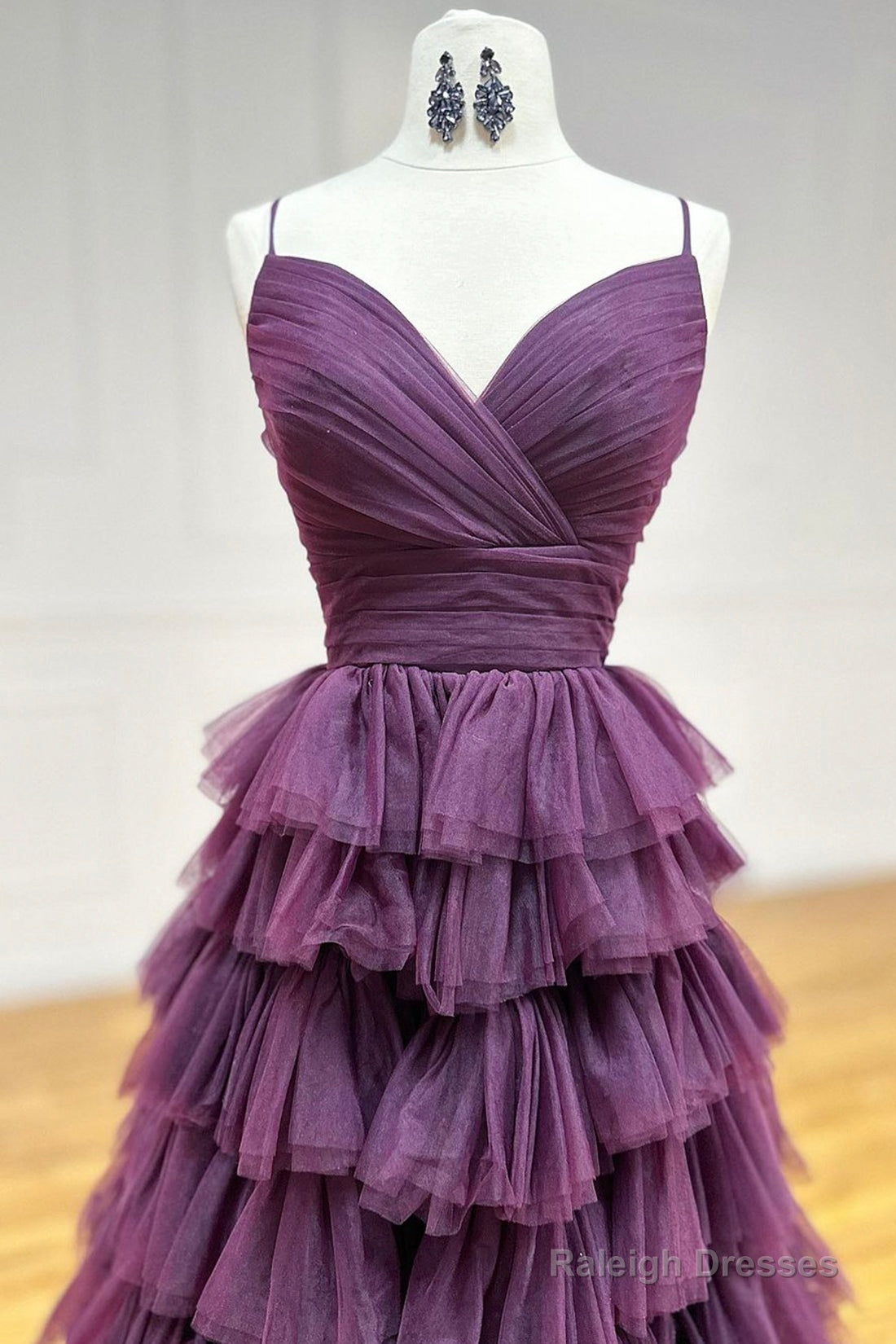 Purple Tulle Layers Long Prom Dress, Purple Spaghetti Strap A-Line Evening Party Dress Secondary image