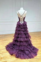 Purple Tulle Layers Long Prom Dress, Purple Spaghetti Strap A-Line Evening Party Dress