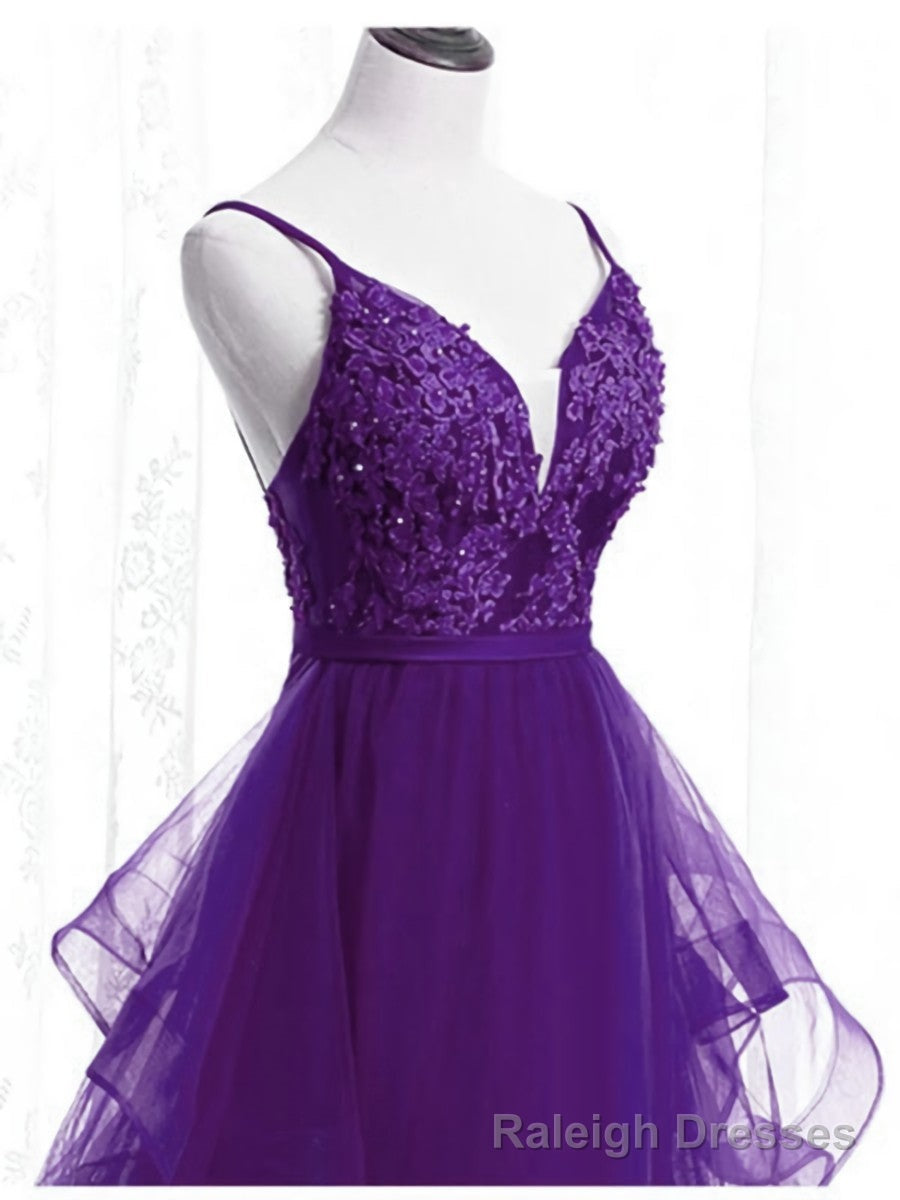 Purple Tulle Layers with Lace Long Evening Dresses, Purple Prom Dress Party Dresses