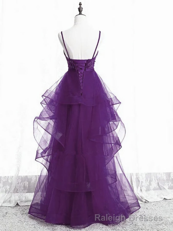 Purple Tulle Layers with Lace Long Prom Dresses, Purple Prom Dress