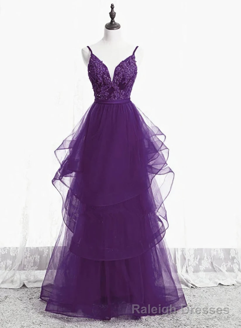 Purple Tulle Layers with Lace Long Prom Dresses, Purple Prom Dress