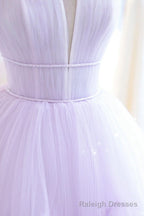 Purple Tulle Long A Line Prom Dress, A Line Strapless Prom Gowns