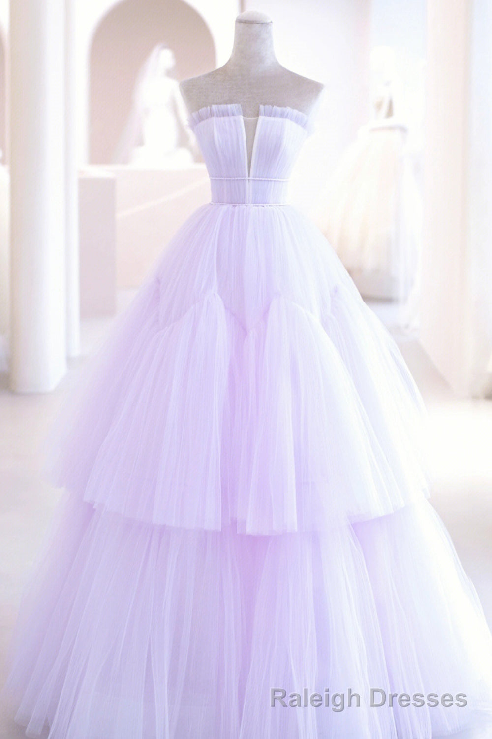 Purple Tulle Long A Line Prom Dress, A Line Strapless Prom Gowns Main image