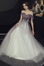 Purple Tulle Long A-Line Prom Dress, Off The Shoulder Evening Graduation Dress