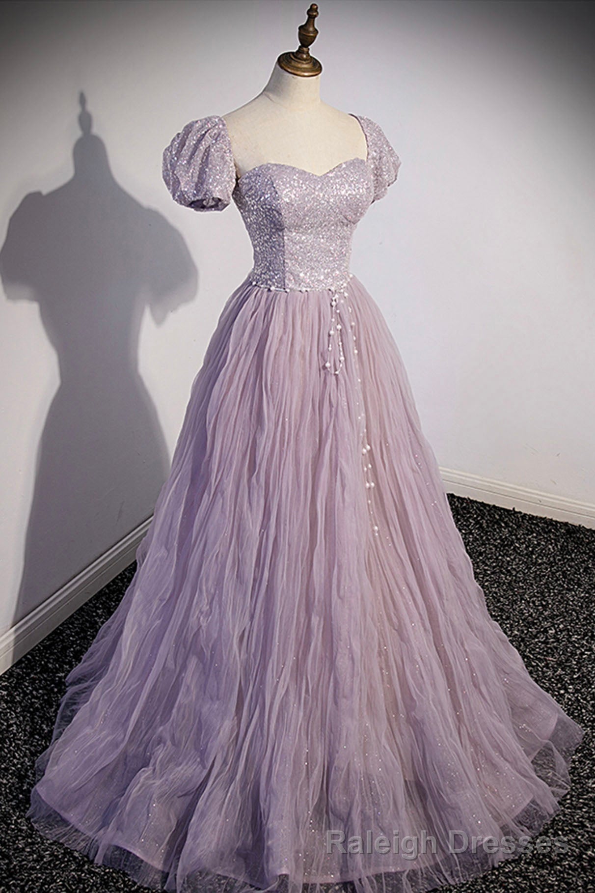 Purple Tulle Long A Line Prom Dress, Purple Short Sleeve Prom Prom Dress Main image
