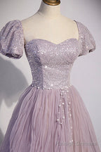 Purple Tulle Long A Line Prom Dress, Purple Short Sleeve Prom Prom Dress