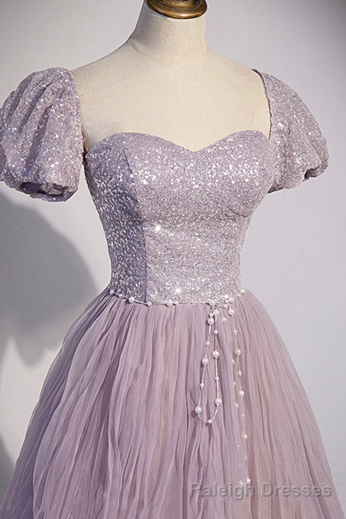 Purple Tulle Long A Line Prom Dress, Purple Short Sleeve Prom Prom Dress