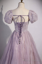 Purple Tulle Long A-Line Prom Dress, Purple Short Sleeve Evening Party Dress