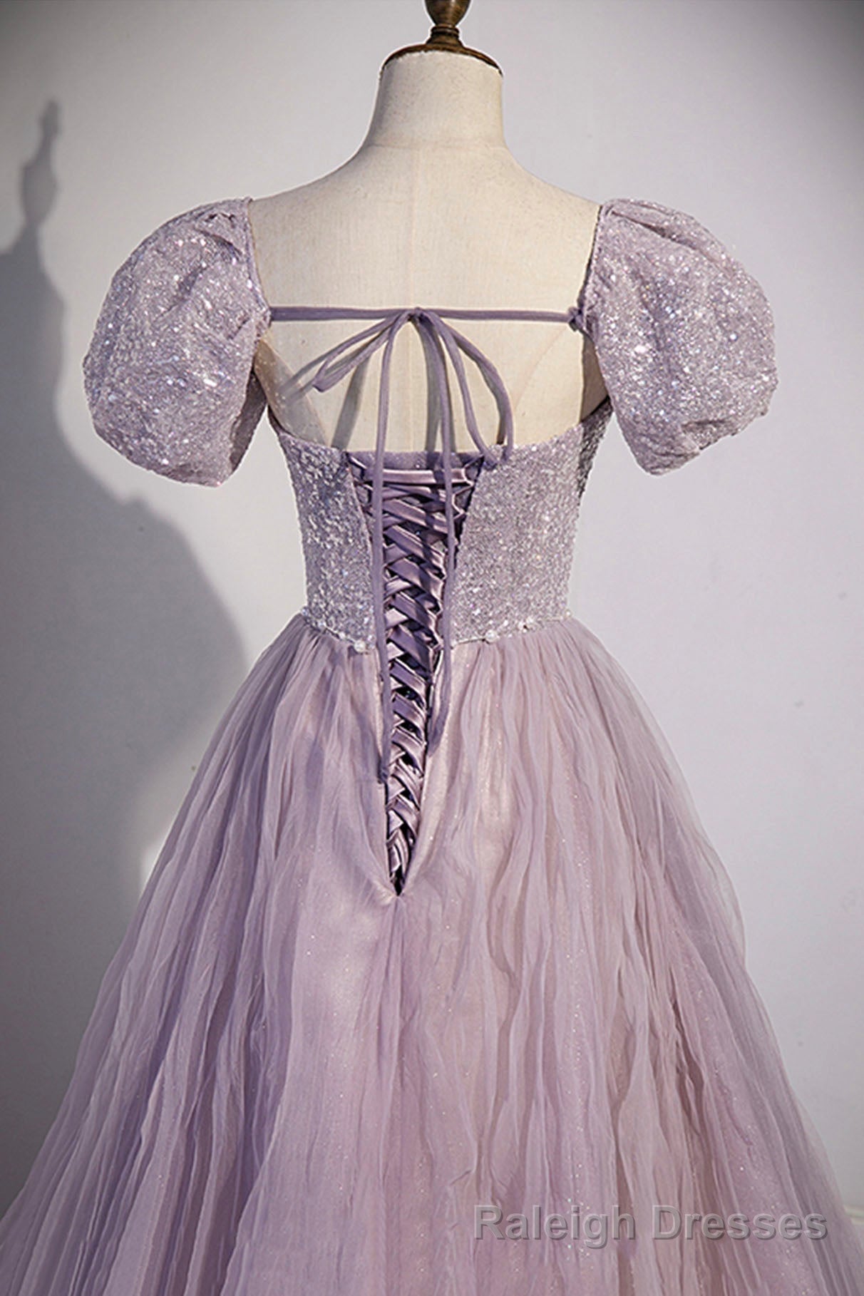 Purple Tulle Long A Line Prom Dress, Purple Short Sleeve Prom Prom Dress