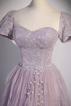 Purple Tulle Long A Line Prom Dress, Purple Short Sleeve Prom Prom Dress
