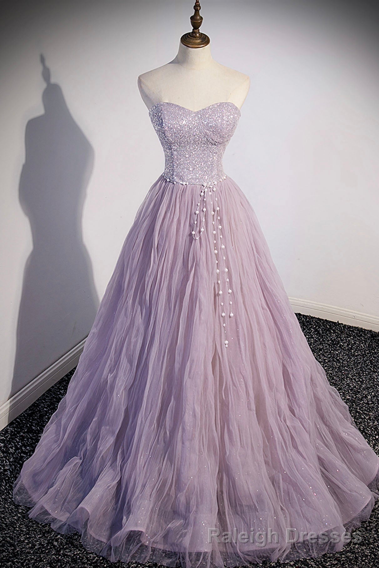 Purple Tulle Long A-Line Prom Dress, Purple Short Sleeve Evening Party Dress Secondary image