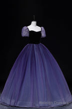 Purple Tulle Long A Line Prom Dress, Purple Short Sleeve Princess Dress