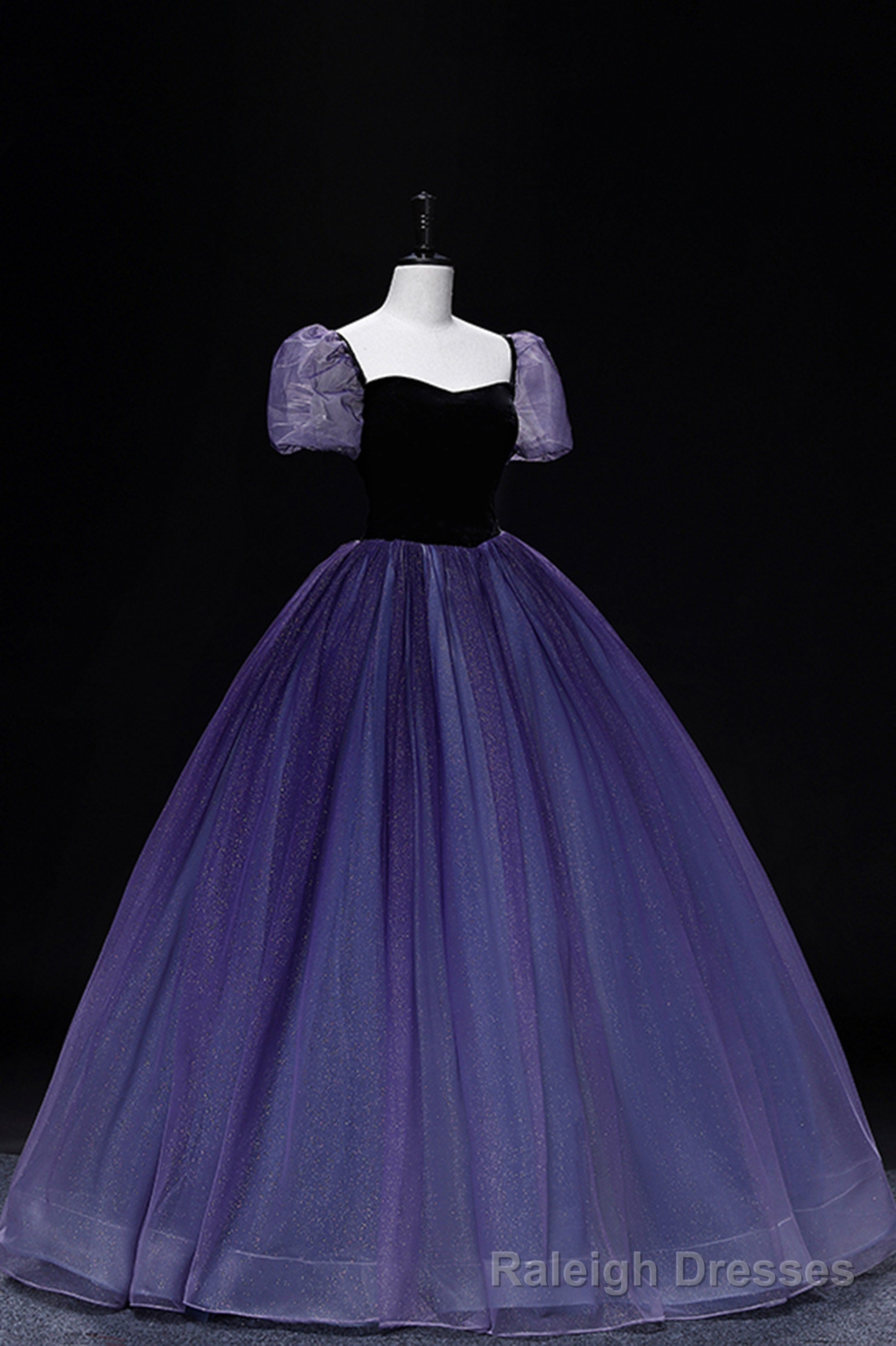 Purple Tulle Long A Line Prom Dress, Purple Short Sleeve Princess Dress