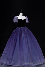 Purple Tulle Long A-Line Prom Dress, Purple Short Sleeve Princess Dress