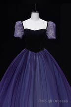 Purple Tulle Long A Line Prom Dress, Purple Short Sleeve Princess Dress