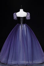 Purple Tulle Long A-Line Prom Dress, Purple Short Sleeve Princess Dress