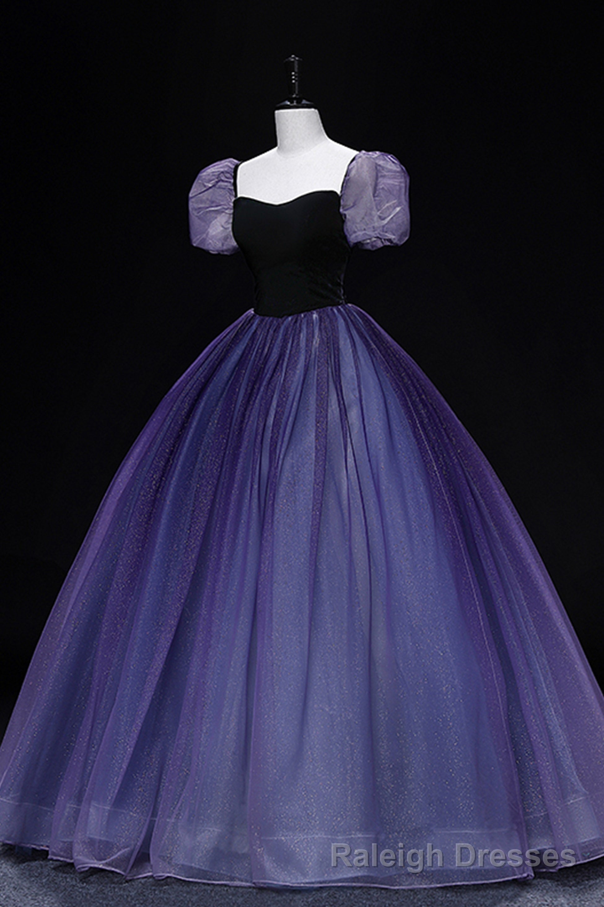 Purple Tulle Long A Line Prom Dress, Purple Short Sleeve Princess Dress