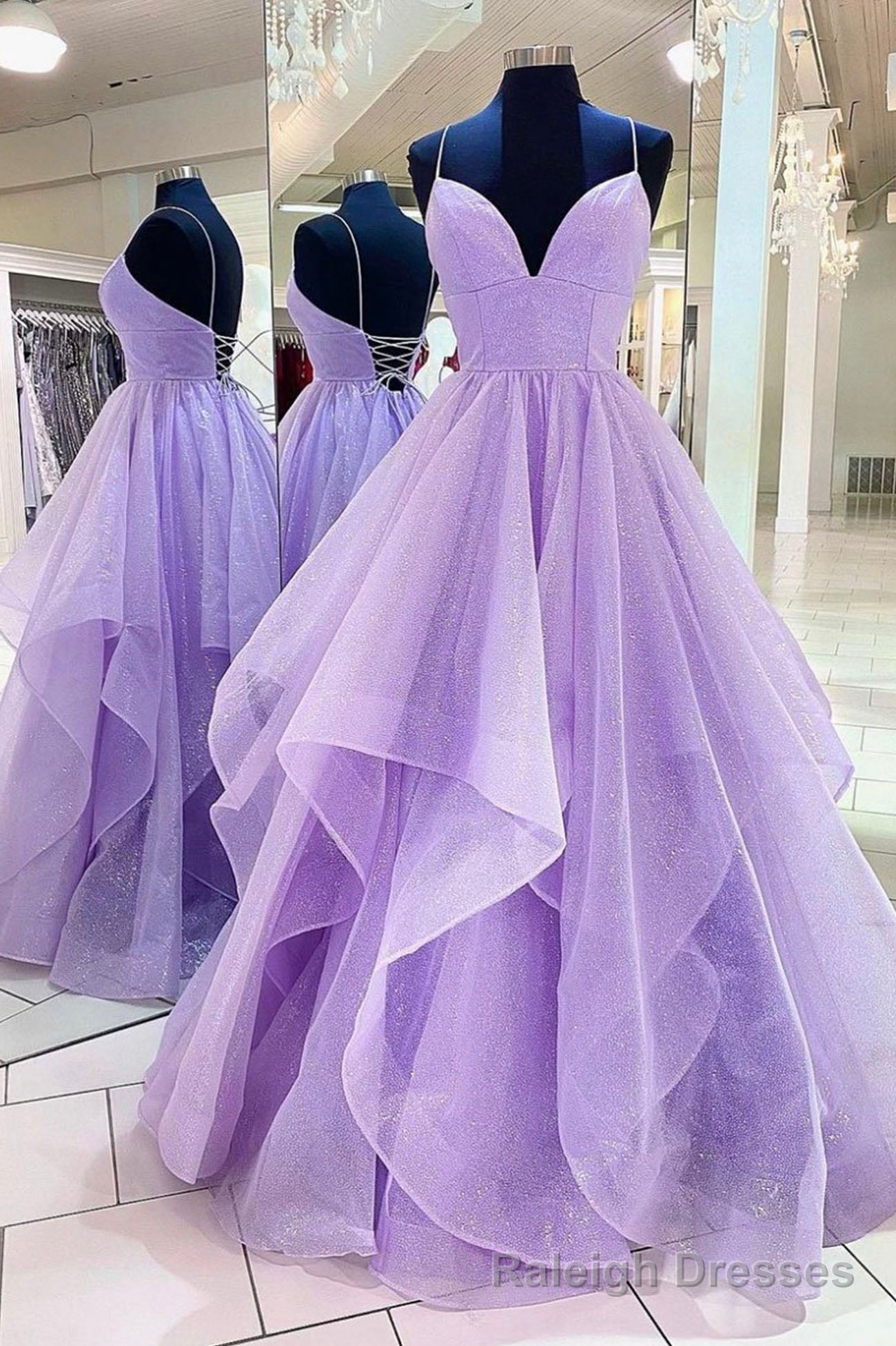 Purple Tulle Long A Line Prom Dress, Spaghetti Strap Formal Prom Dress