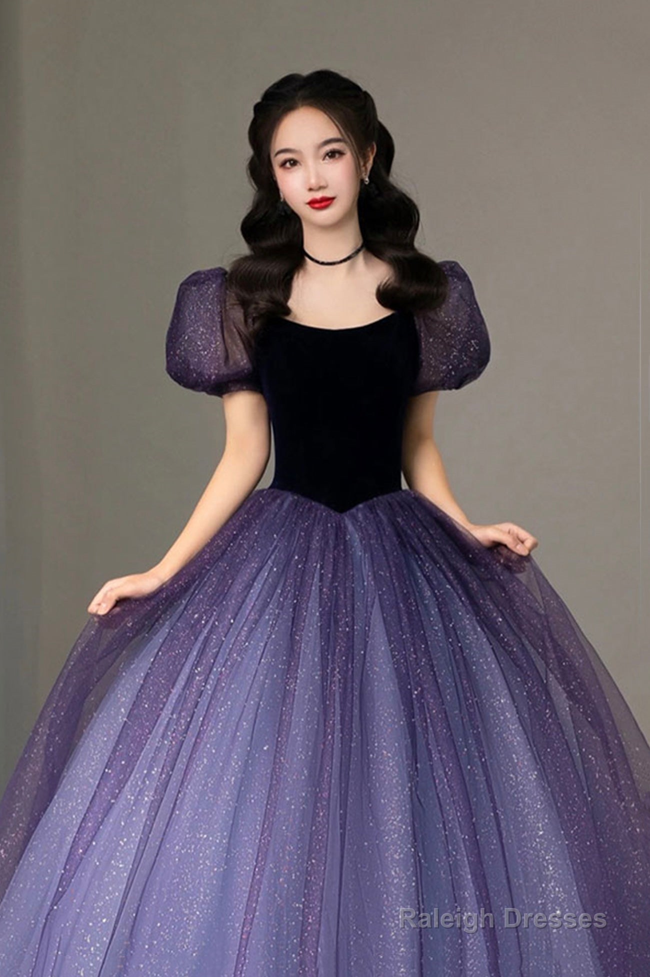 Purple Tulle Long Princess Dress, Cute Short Sleeve Formal Evening Dress Secondary image