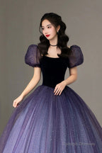 Purple Tulle Long Princess Dress, Cute Short Sleeve Formal Evening Dress