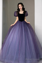 Purple Tulle Long Princess Dresses Cute Short Sleeve Prom Dresses