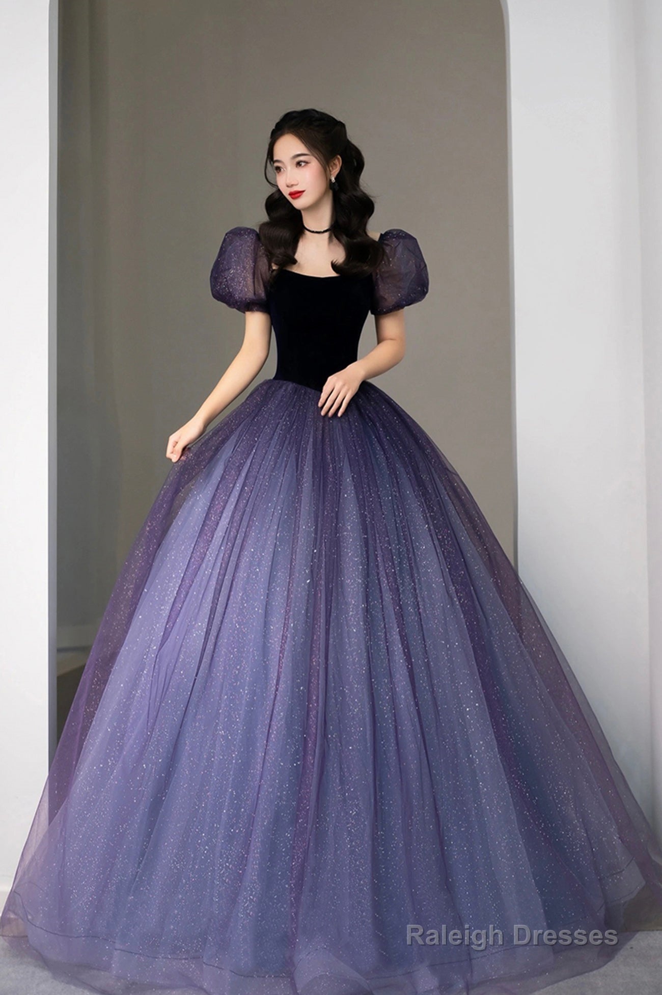 Purple Tulle Long Princess Dresses Cute Short Sleeve Prom Dresses Main image