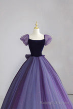 Purple Tulle Long Prom Dress with Velvet, Cute A Line Short Sleeve Prom Dress