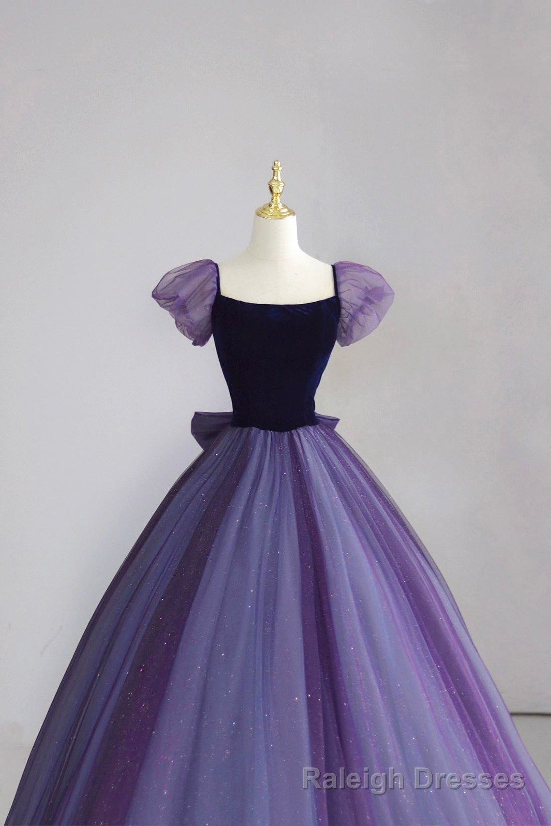 Purple Tulle Long Prom Dress with Velvet, Cute A Line Short Sleeve Prom Dress