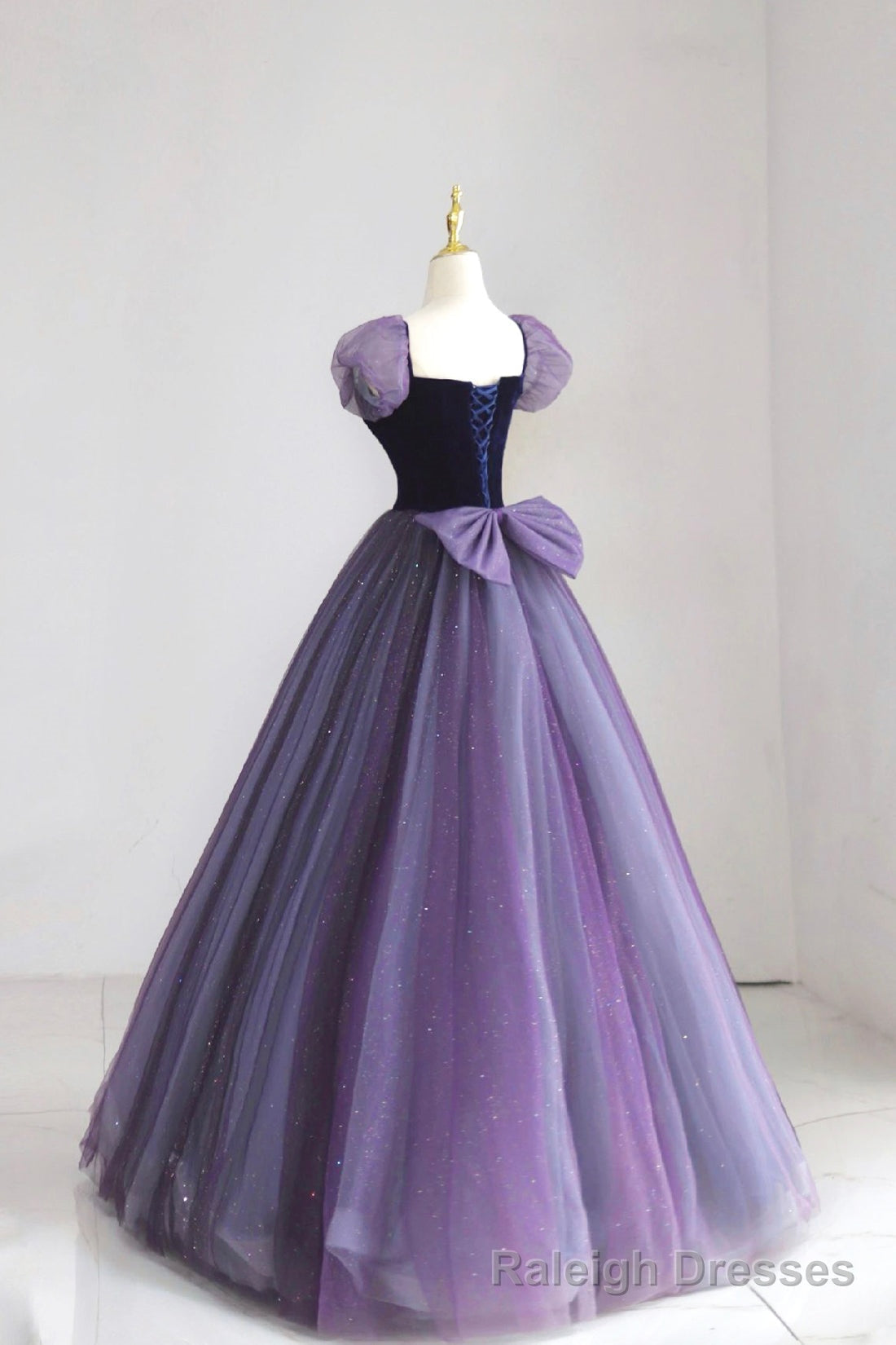 Purple Tulle Long Prom Dress with Velvet, Cute A Line Short Sleeve Prom Dress