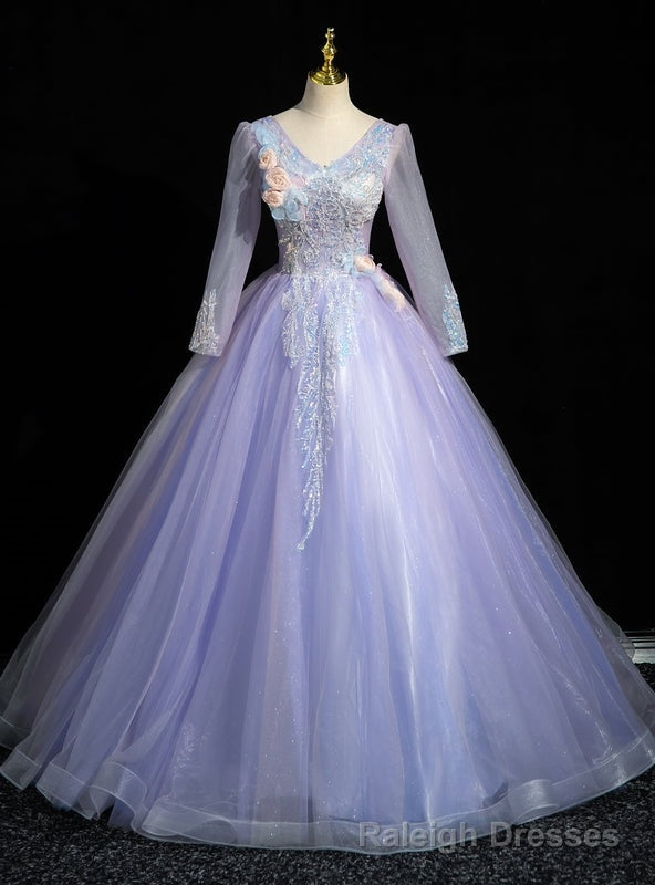 Purple Tulle Long Sleeve V-neck Sequins Quinceanera Dress