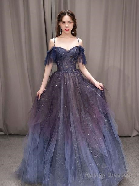 Purple Tulle Off Shoulder A-Line Long Prom Dress, Purple Evening Dress