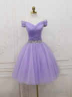 Purple  Tulle Off Shoulder Sequin Short Prom Dress Purple Homecoming Dress